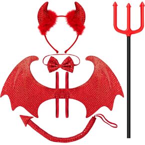 Spooktacular Creations 5-Piece Halloween Red Devil Costume Set with Devil Wings, Pitchfork, Bow Tie, Horn Headband, and Tail Accessories for Dress Devil Themed Party, Fright Night Party Cosplay in Saudi Arabia