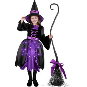 Witch Costume Set with Wand and Hat for Girls, LED Light up Halloween Dress Up for 3-12 Year Olds