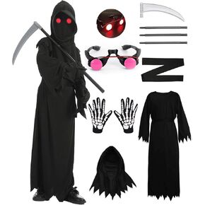 Grim Reaper Costume for Kids Adults Halloween Scary Ghost Costume with Glowing Red Eyes Scythe Accessories Set