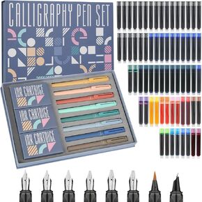 GC QUILL Calligraphy Pen Set 74pcs- 8 Calligraphy Fountain Pens with Varied Nibs, 66 Ink Cartridges(14 Colors)-Writing, Drawing, Calligraphy Practice for Beginner GC-F866