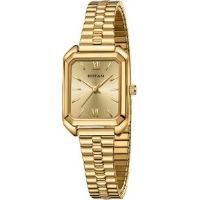 BOFAN Square Small Gold Watches for Women Easy Read Ladies Quartz Wrist Watches with Gold Stainless Steel Expansion Band,Water Resistant.