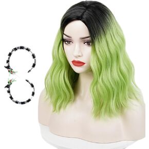 Aicos Short Green Ombre Black Curly Wig for Kids Green Bob Wig with Ghost Claw Hairpin for Halloween Cosplay Costume Wig in Kuwait