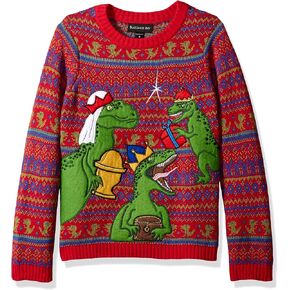 Blizzard Bay Boys Ugly Christmas Dinosaur Pullover Sweater, Bright Red Combo, 8 10 US