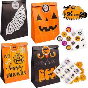 Uptotop Halloween Treat Bags, Set of 24 Large Halloween Candy Bags with 4 Assorted Designs for Trick or Treat Party Favors, Halloween Paper Goodie Bags with 36pcs Stickers Party Supplies