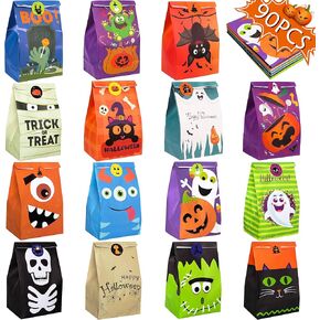 90PCS Halloween Treat Bags Party Favors - Trick or Treat Candy Goodie Gift Bag Stuffer Filler Paper Supplies Decorations with 90 Stickers