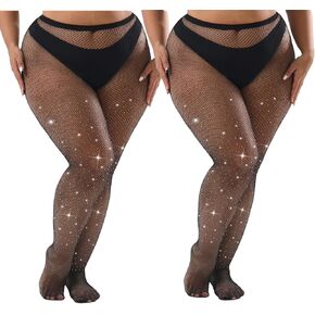 Plus Size Rhinestone Sparkly Fishnet Stockings Glitter Pantyhose High Waist Small Mesh Stockings, Value Pack of 2