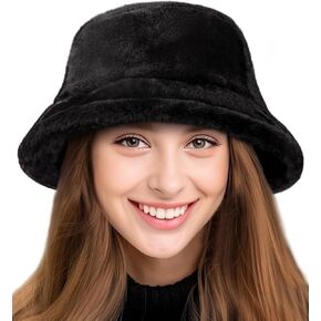 HONGTEYA Winter Bucket Hat Fluffy Faux Fur Fisherman Cap for Women Men Solid Color Style