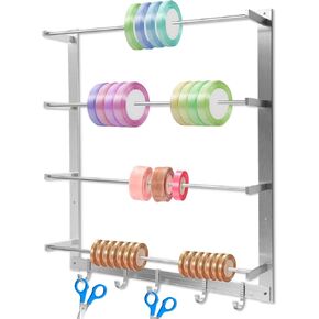 BATTIPAW 4-Tier Ribbon Wall Holder, Ribbon Wall Rack with Sliding Hooks, Wall Mounted Ribbon Organizer, Sewing Thread Wall Holder, Metal Wall Rack for Wire Spools, Fabric, Scarves, Belts, Towels