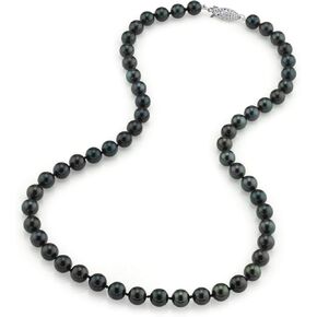 THE PEARL SOURCE 14K Gold 7.0-7.5mm Round Genuine Black Japanese Akoya Saltwater Cultured Pearl Necklace in 16" Choker Length for Women