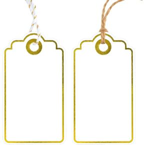 Anwyll Gift Tags with String Attached,100Pcs Gold Foil Metallic Hang Paper Gift Wrap Tags,White Gift Bag Tags,Blank Merry Christmas Gift Label Tag for Present Birthday Wedding Baby Shower Party Favors
