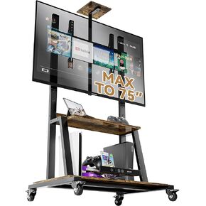 Rolling TV Cart for 32-75 Inch Flat/Curved LED/LCD/OLED TVs, Mobile TV Stand with Storage Shelves, Height Adjustable Max VESA 600x400mm up to 150lbs, Outdoor TV Stand with Wheels (Black)