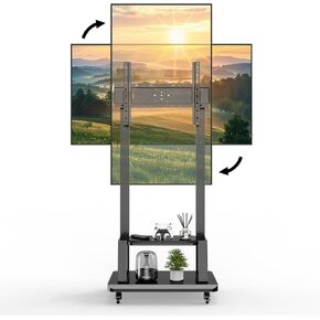 Mobile TV Stand with Wheels, Rolling TV Stand for 32-75-inch Flat Panel Displays, 90° Screen Swivel, Height Adjustable, Load Holds Up 180 lbs, Maximum VESA 600x400mm (Black)
