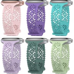Eilesuny 6 Pack Lace Hollow-out Silicone Bands Compatible with Apple Watch 38mm 40mm 41mm 42mm 44mm 45mm 49mm, Slim Thin Sport Strap Wristbands for iWatch Ultra SE Series 8/7/6/5/4/3/2/1 Women Girls