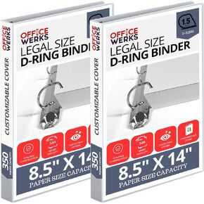 Office Werks Heavy Duty 2-Pack Legal Size View Binder - 14" x 8.5", White, 1.5 Inch D-Ring, Back Mount Binder