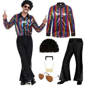 رجل 70s ديسكو الزي الرجعية 70s زي جرس أسفل السراويل قمصان طويلة الأكمام 70s الباروكات مجموعات لحزب الهالوين in Kuwait