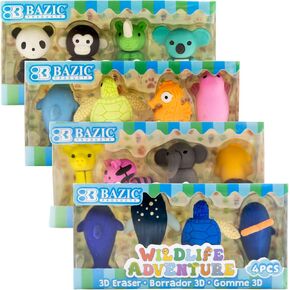 BAZIC 3D Erasers, Wildlife Mini Animals Pencil Erasers Mini Erasers (4/Pack), 4 Pcs Total for Bulk Prizes, Treasure Chest, Classroom Must Haves