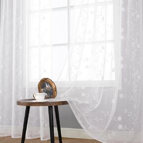 YoungsTex Faux Linen Embroidered Sheer Curtains 84 Inches Length for Living Room Grommet Light Filtering Semi Sheer Window Drapes for Bedroom, 2 Panels, 52 X 84 Inch, Big Flower