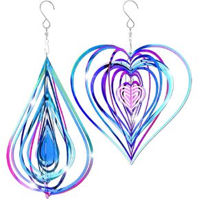 2 Pieces Heart Wind Spinner Outdoor Bird Scare Spinner Metal 3D Hanging Flowing Stainless Steel Mirrored Patio Wind Chime Decor for Yard Garden Balcony Women (Colorful)