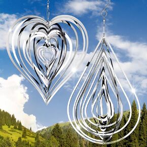 2 Pieces Heart Wind Spinner Outdoor Bird Scare Spinner Metal 3D Hanging Flowing Stainless Steel Mirrored Patio Wind Chime Decor for Yard Garden Balcony Women (Colorful)
