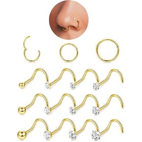 18G Nose Rings Hoops and 20G Nose Studs for Women Men Hypoallergenic 316L Surgical Stainless Steel Clicker Hinged Segment Nose Rings Hoops Ball CZ Simulated Diamond Nose Studs Nose Piercing Jewelry