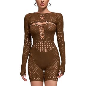 Sexy Long Sleeve Romper for Women See Through Mesh Hollow Out Bodysuit Seamless Jumpsuit