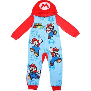 Nintendo Super Mario Onesie Pajamas for Boys - Fleece Novelty One-Piece Mario Kids PJs, Full Zip Hooded Coverall Sleepwear