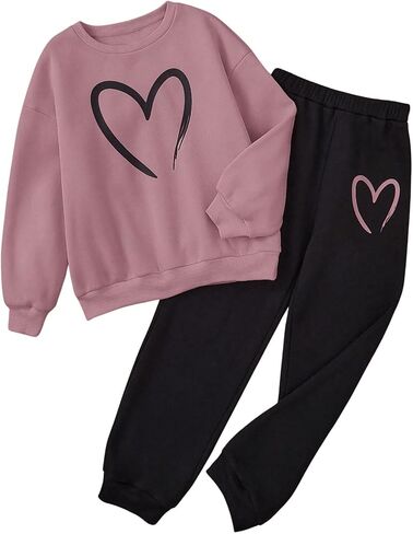 OYOANGLE Girl's Sweatsuit Set 2 Piece Heart Print Long Sleeve Sweatshirts and Joggers Sweatpants Tracksuit in Saudi Arabia