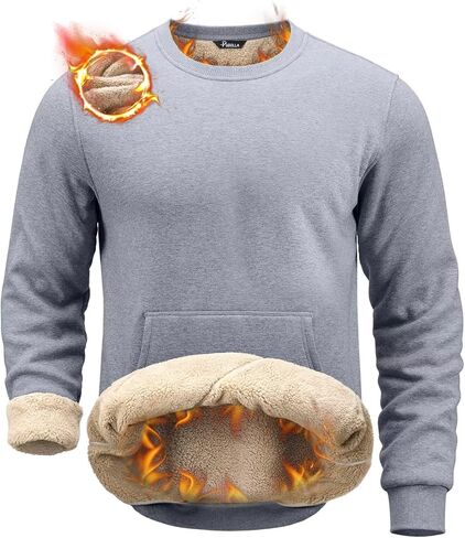 Pudolla Men's Sherpa Lined Sweatshirts Warm Soft Crewneck Sweatshirts Heavyweight Winter Pullover Kangaroo with Pouch Pocket in Saudi Arabia