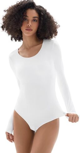 Women's Long Sleeve Bodysuit Round Neck Double Lined Body Suits Basic Slim Shirt Tops in Kuwait