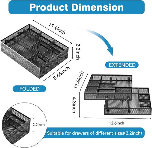 Marbrasse 2 Tier Desk Drawer Organizer, Folding Mesh Drawer Organizer Tray with 2 Sliding Dividers, Desk Organizers and Accessories, Multifunctional Drawer for Office Supplies, Makeup & Vanity (Black) in Saudi Arabia