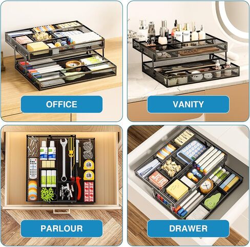 Marbrasse 2 Tier Desk Drawer Organizer, Folding Mesh Drawer Organizer Tray with 2 Sliding Dividers, Desk Organizers and Accessories, Multifunctional Drawer for Office Supplies, Makeup & Vanity (Black) in Saudi Arabia