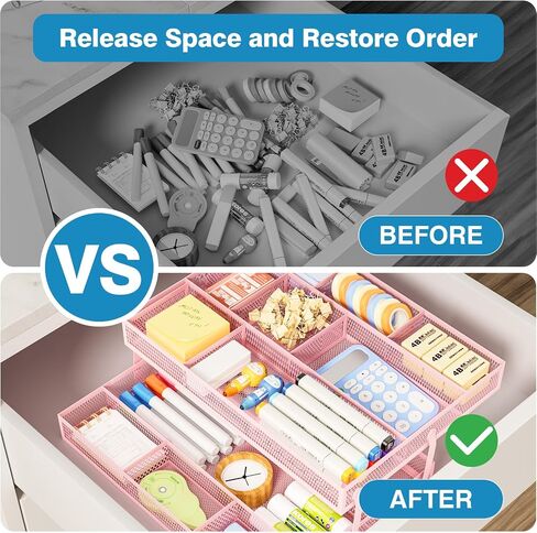 Marbrasse 2 Tier Desk Drawer Organizer, Folding Mesh Drawer Organizer Tray with 2 Sliding Dividers, Desk Organizers and Accessories, Multifunctional Drawer for Office Supplies, Makeup & Vanity (Black) in Saudi Arabia