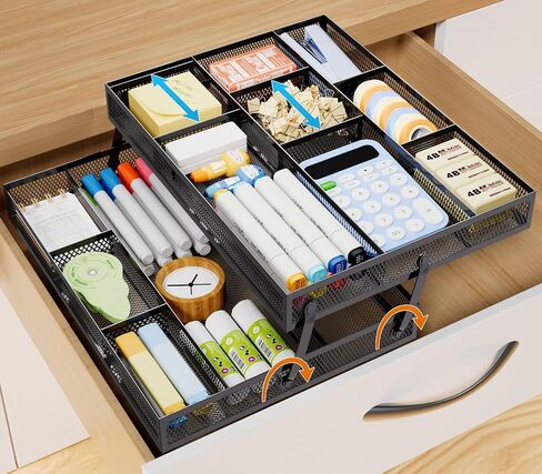 Marbrasse 2 Tier Desk Drawer Organizer, Folding Mesh Drawer Organizer Tray with 2 Sliding Dividers, Desk Organizers and Accessories, Multifunctional Drawer for Office Supplies, Makeup & Vanity (Black) in Saudi Arabia
