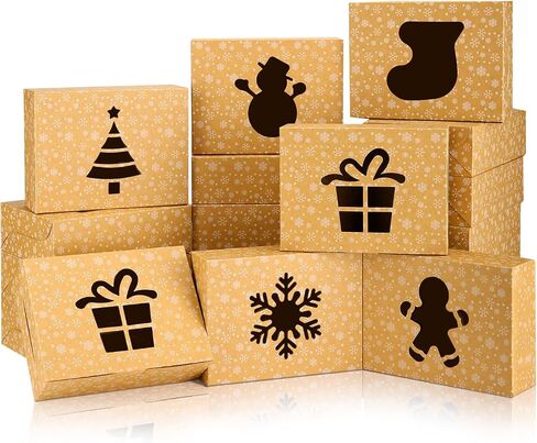 BEAVOING 24 PCS Christmas Cookie Boxes, 8x6x2.5 Inches Brown Bakery Boxes with Window Chrismas Treat Boxes for Xmas Gift Giving Cake Pastry Dessert Cupcakes Candy Donut Packaging in Saudi Arabia