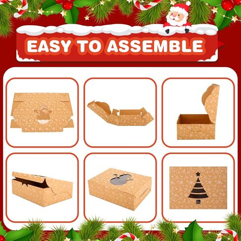 BEAVOING 24 PCS Christmas Cookie Boxes, 8x6x2.5 Inches Brown Bakery Boxes with Window Chrismas Treat Boxes for Xmas Gift Giving Cake Pastry Dessert Cupcakes Candy Donut Packaging in Saudi Arabia