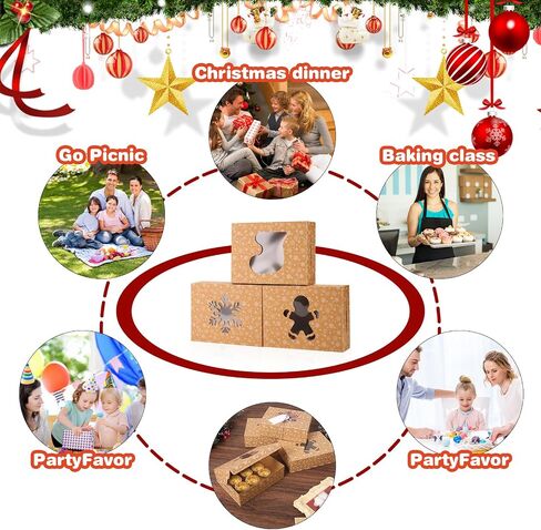 BEAVOING 24 PCS Christmas Cookie Boxes, 8x6x2.5 Inches Brown Bakery Boxes with Window Chrismas Treat Boxes for Xmas Gift Giving Cake Pastry Dessert Cupcakes Candy Donut Packaging in Saudi Arabia