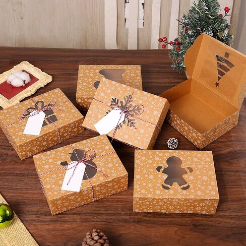 BEAVOING 24 PCS Christmas Cookie Boxes, 8x6x2.5 Inches Brown Bakery Boxes with Window Chrismas Treat Boxes for Xmas Gift Giving Cake Pastry Dessert Cupcakes Candy Donut Packaging in Saudi Arabia