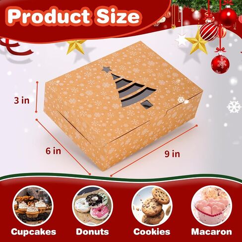 BEAVOING 24 PCS Christmas Cookie Boxes, 8x6x2.5 Inches Brown Bakery Boxes with Window Chrismas Treat Boxes for Xmas Gift Giving Cake Pastry Dessert Cupcakes Candy Donut Packaging in Saudi Arabia