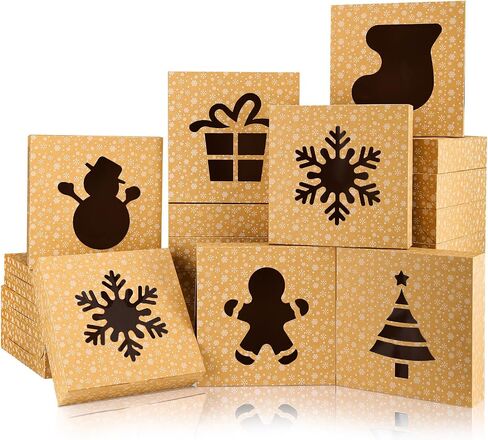 BEAVOING 24 PCS Christmas Cookie Boxes, 8x6x2.5 Inches Brown Bakery Boxes with Window Chrismas Treat Boxes for Xmas Gift Giving Cake Pastry Dessert Cupcakes Candy Donut Packaging in Saudi Arabia