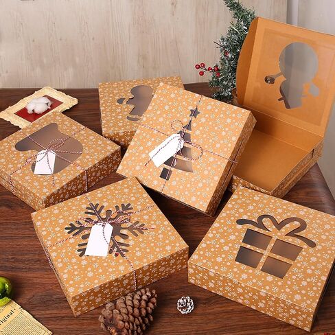 BEAVOING 24 PCS Christmas Cookie Boxes, 8x6x2.5 Inches Brown Bakery Boxes with Window Chrismas Treat Boxes for Xmas Gift Giving Cake Pastry Dessert Cupcakes Candy Donut Packaging in Saudi Arabia