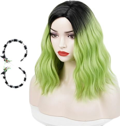Aicos Short Green Ombre Black Curly Wig for Kids Green Bob Wig with Ghost Claw Hairpin for Halloween Cosplay Costume Wig in Kuwait