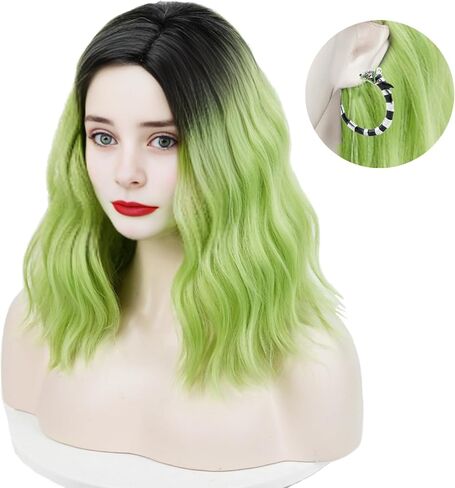 Aicos Short Green Ombre Black Curly Wig for Kids Green Bob Wig with Ghost Claw Hairpin for Halloween Cosplay Costume Wig in Kuwait