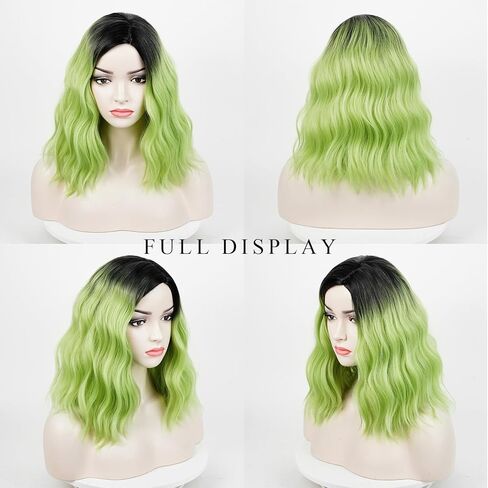 Aicos Short Green Ombre Black Curly Wig for Kids Green Bob Wig with Ghost Claw Hairpin for Halloween Cosplay Costume Wig in Kuwait