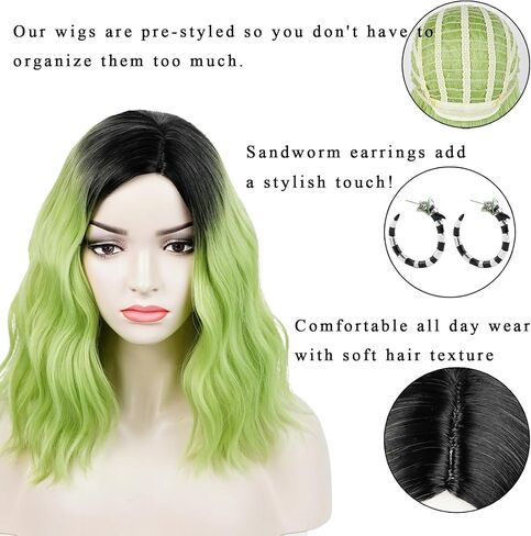 Aicos Short Green Ombre Black Curly Wig for Kids Green Bob Wig with Ghost Claw Hairpin for Halloween Cosplay Costume Wig in Kuwait