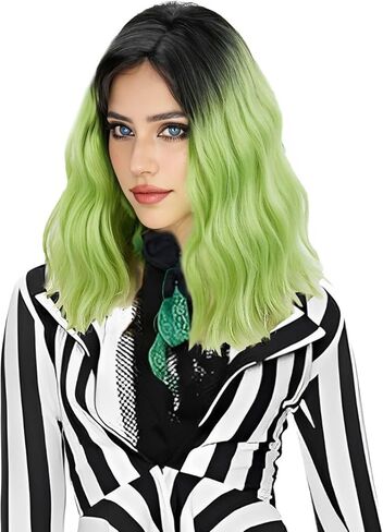 Aicos Short Green Ombre Black Curly Wig for Kids Green Bob Wig with Ghost Claw Hairpin for Halloween Cosplay Costume Wig in Kuwait