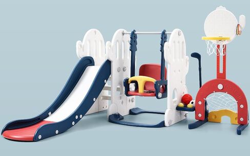 7 in 1 Toddler Slide and Swing Set, Freestanding Kids Slide Climber Playset with Adjustable Swing, Basketball Hoop, Soccer, Golf, Ring Toss Game, Baby Indoor Outdoor Playground in Saudi Arabia