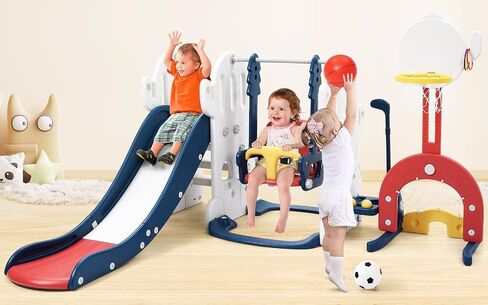 7 in 1 Toddler Slide and Swing Set, Freestanding Kids Slide Climber Playset with Adjustable Swing, Basketball Hoop, Soccer, Golf, Ring Toss Game, Baby Indoor Outdoor Playground in Saudi Arabia