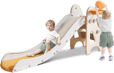 Toddler Slide,Kids Slide,Freestanding Slides for Age 1+ Outdoor or Indoor Play with Basketball Hoop,Extra Long Slipping Slope,Easy to Store, Safe Toy for Toddler,Kids (White Yellow, Geometric) in Saudi Arabia