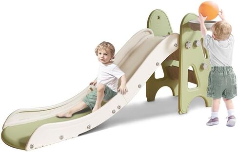 Toddler Slide,Kids Slide,Freestanding Slides for Age 1+ Outdoor or Indoor Play with Basketball Hoop,Extra Long Slipping Slope,Easy to Store, Safe Toy for Toddler,Kids (White Yellow, Geometric) in Saudi Arabia