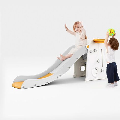 Toddler Slide,Kids Slide,Freestanding Slides for Age 1+ Outdoor or Indoor Play with Basketball Hoop,Extra Long Slipping Slope,Easy to Store, Safe Toy for Toddler,Kids (White Yellow, Geometric) in Saudi Arabia